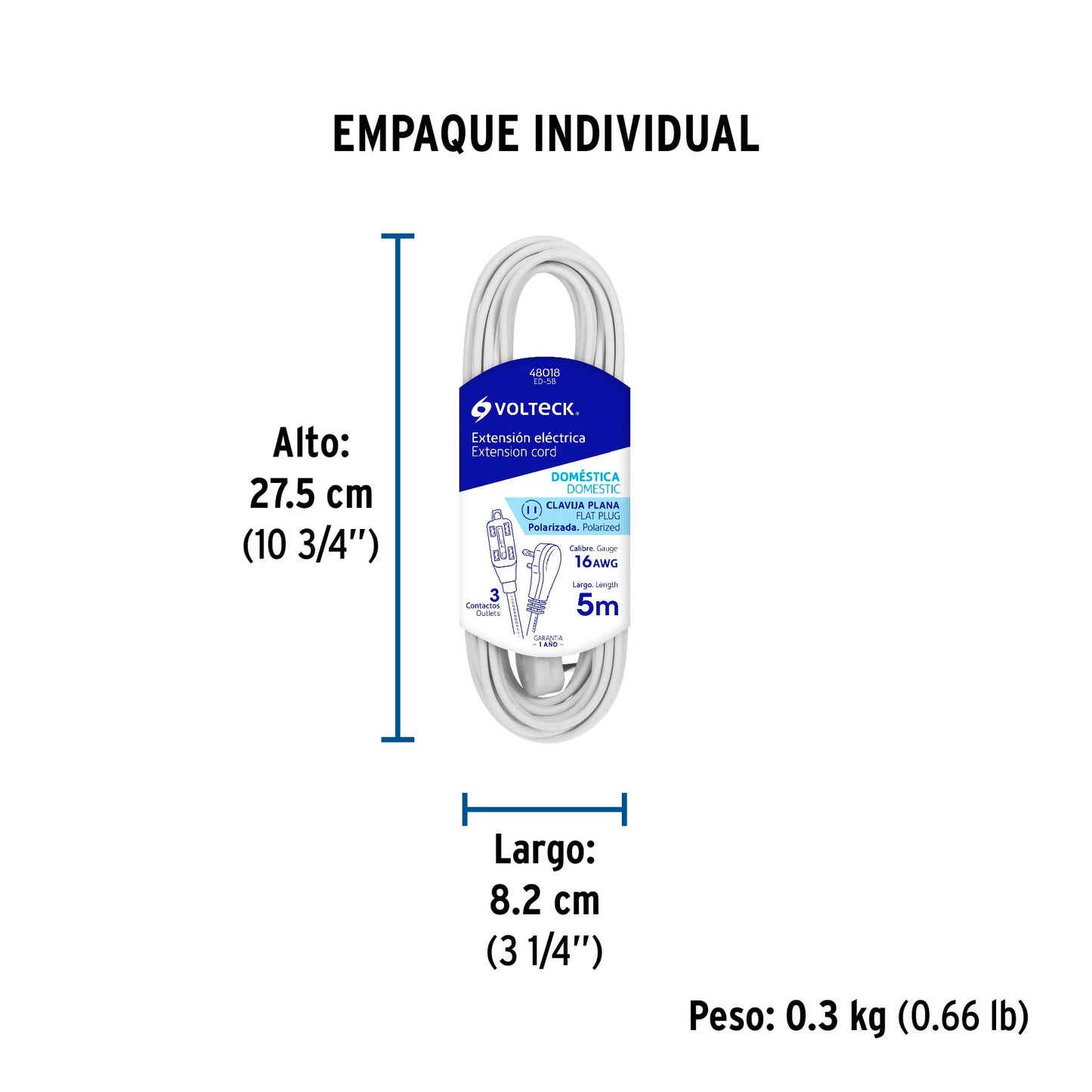 Extensión eléctrica doméstica 5 m clavija plana, blanca | ED-5B | 48018