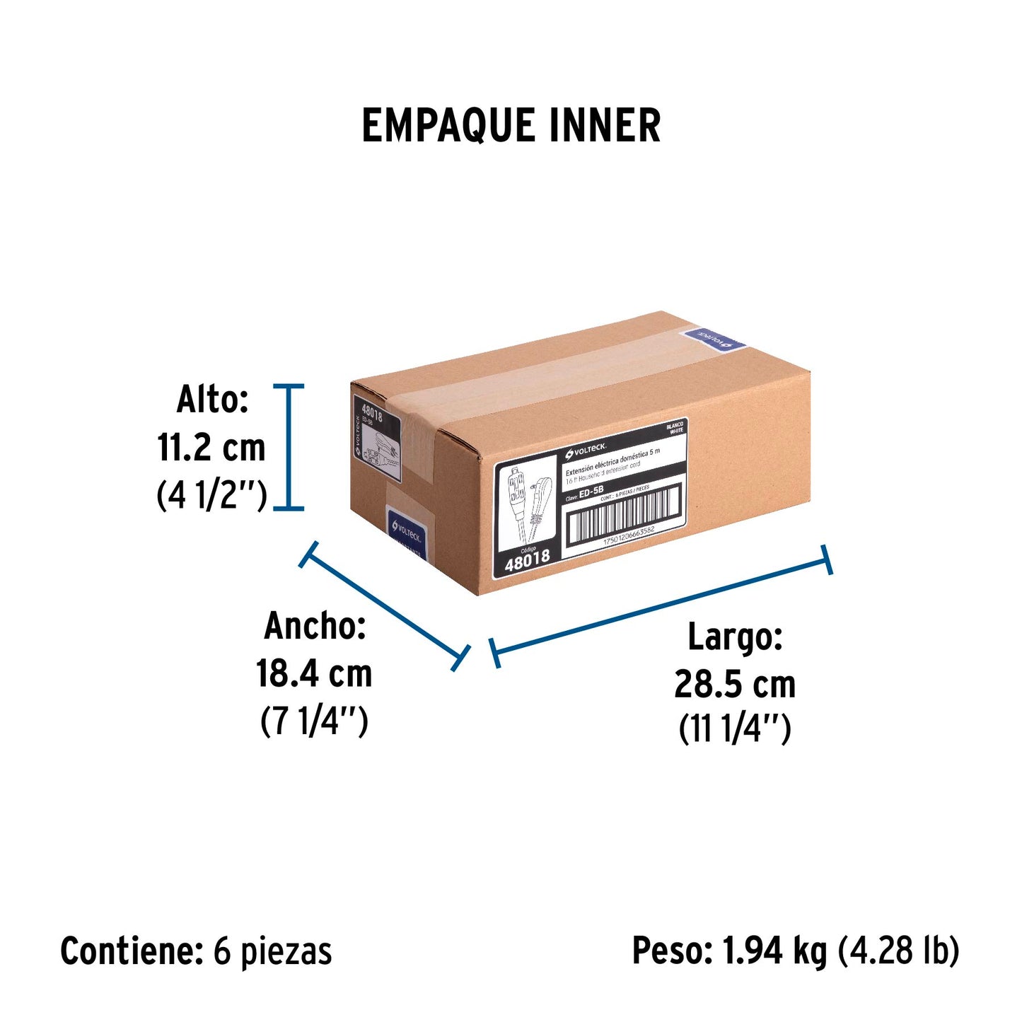 Extensión eléctrica doméstica 5 m clavija plana, blanca | ED-5B | 48018