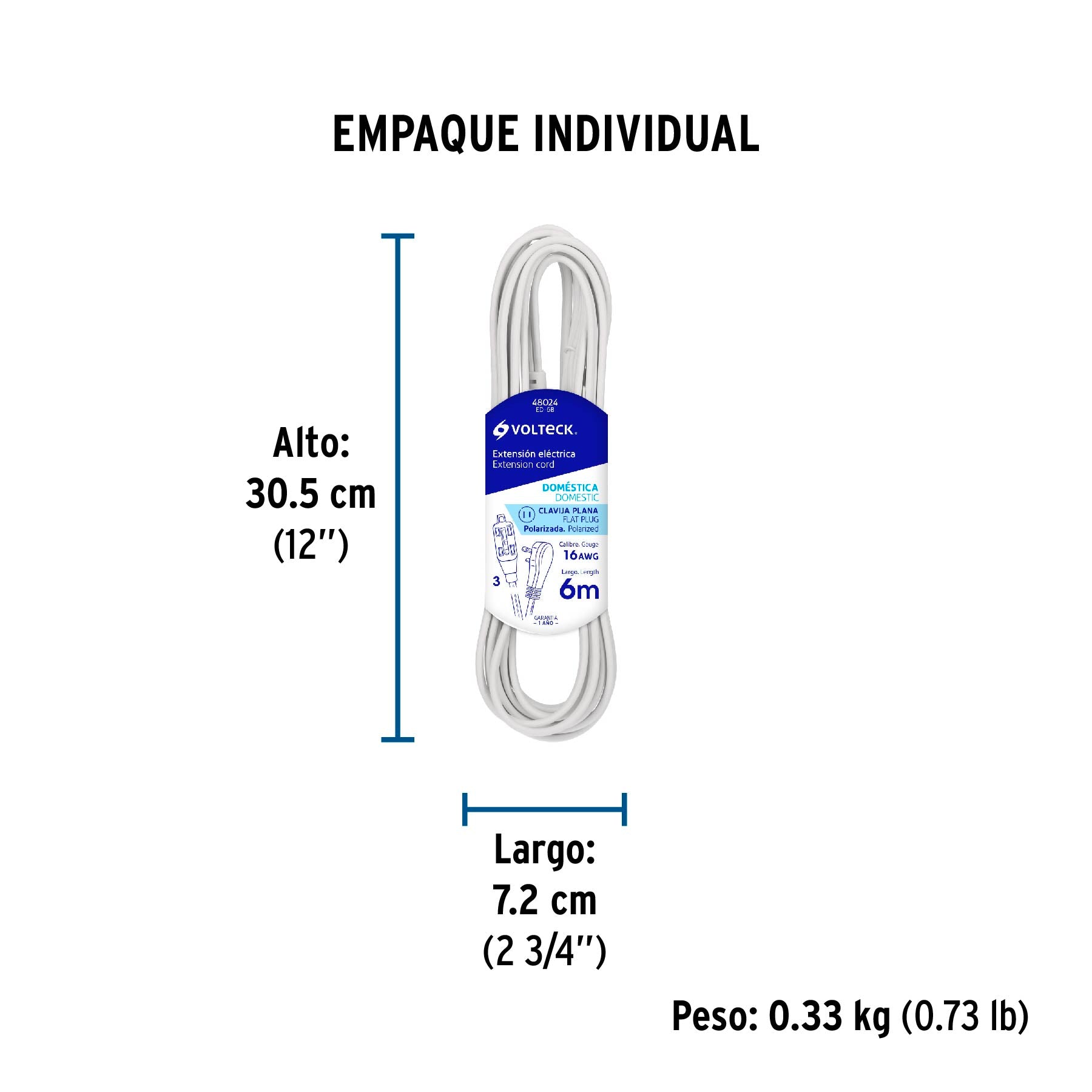 Extensión eléctrica doméstica 6 m clavija plana, blanca | ED-6B | 48024
