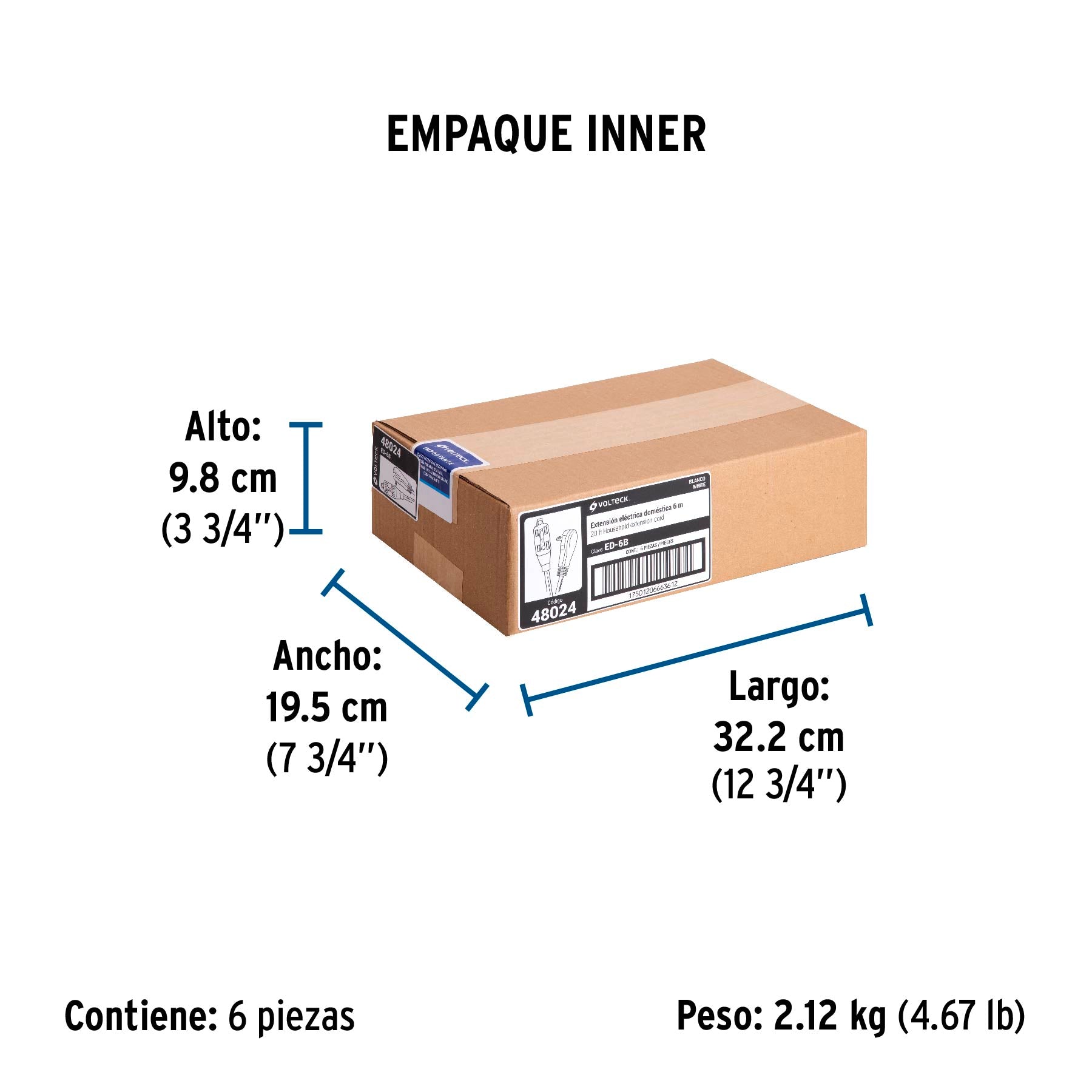 Extensión eléctrica doméstica 6 m clavija plana, blanca | ED-6B | 48024