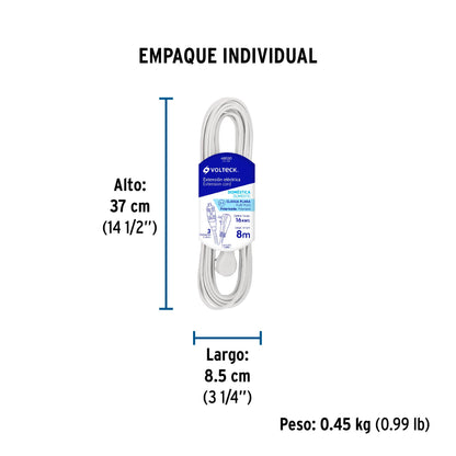 Extensión eléctrica doméstica 8 m clavija plana, blanca | ED-8B | 48030