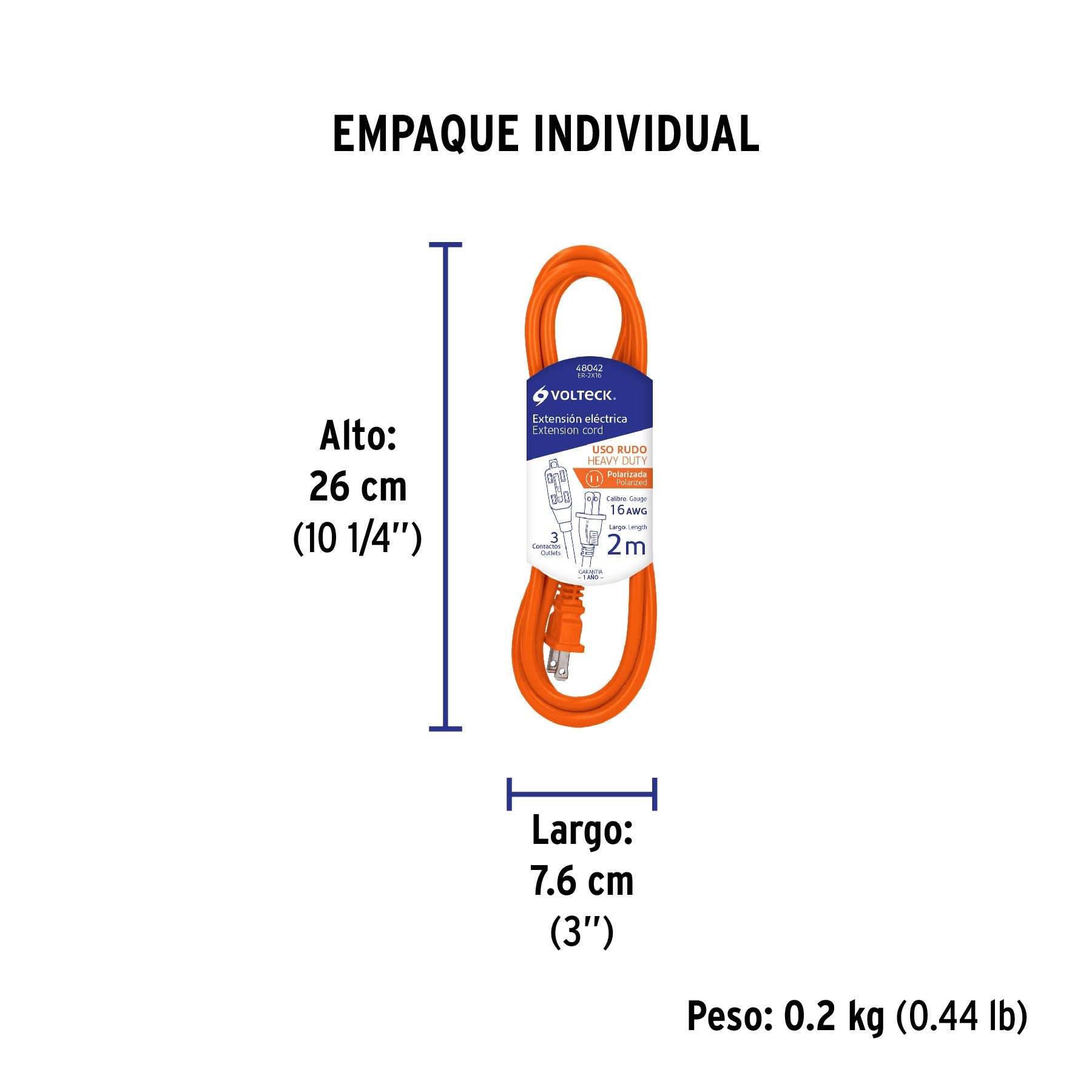 Extensión eléctrica de uso rudo 2 m 2x16 AWG, Volteck | ER-2X16 | 48042