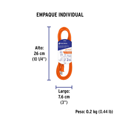 Extensión eléctrica de uso rudo 2 m 2x16 AWG, Volteck | ER-2X16 | 48042