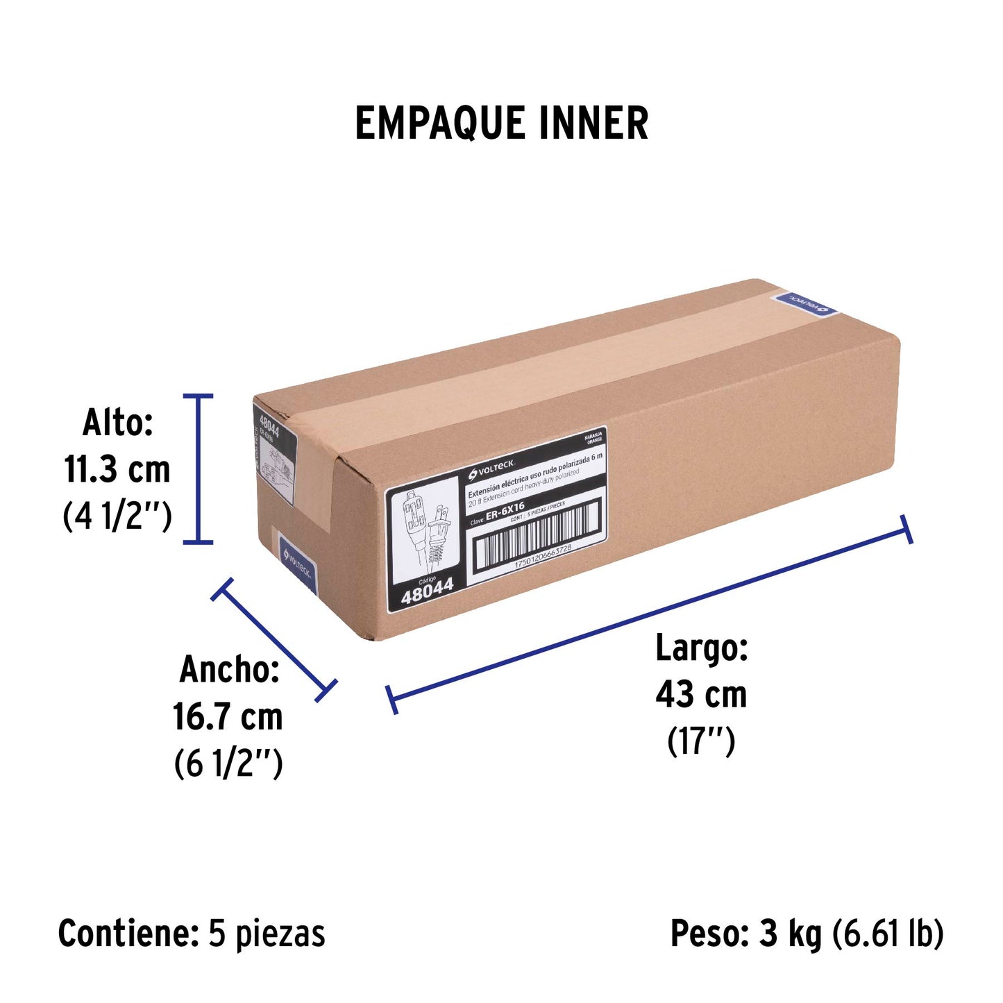 Extensión eléctrica de uso rudo 6 m 2x16 AWG, Volteck | ER-6X16 | 48044