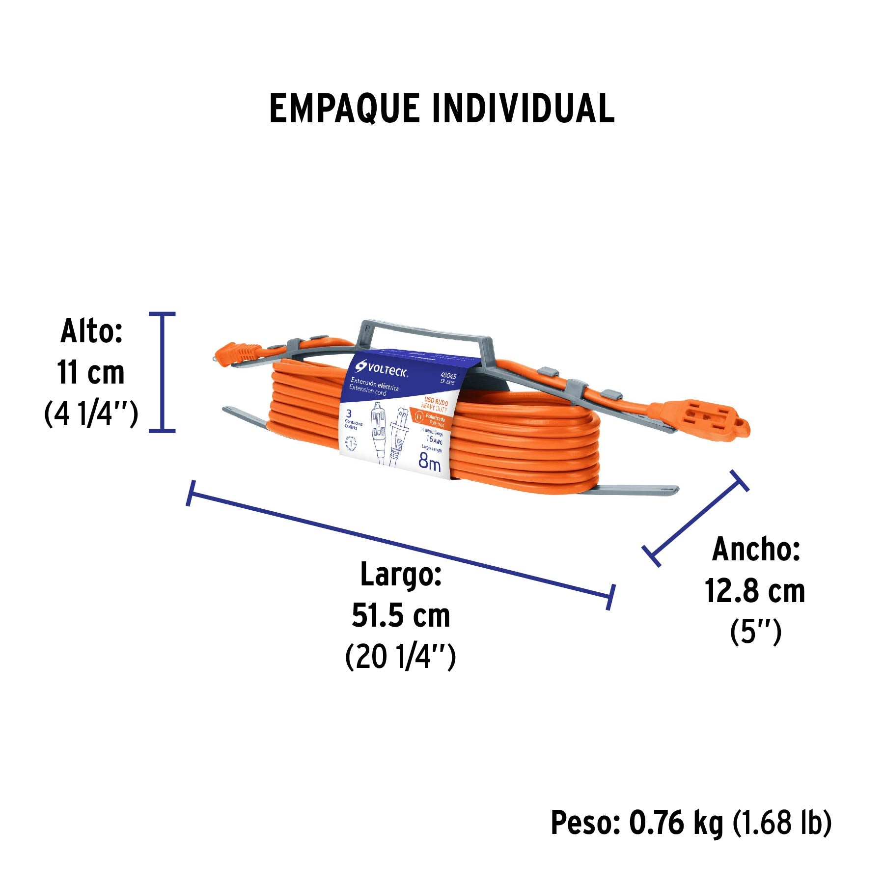 Extensión eléctrica de uso rudo 8 m 2x16 AWG, Volteck | ER-8X16 | 48045