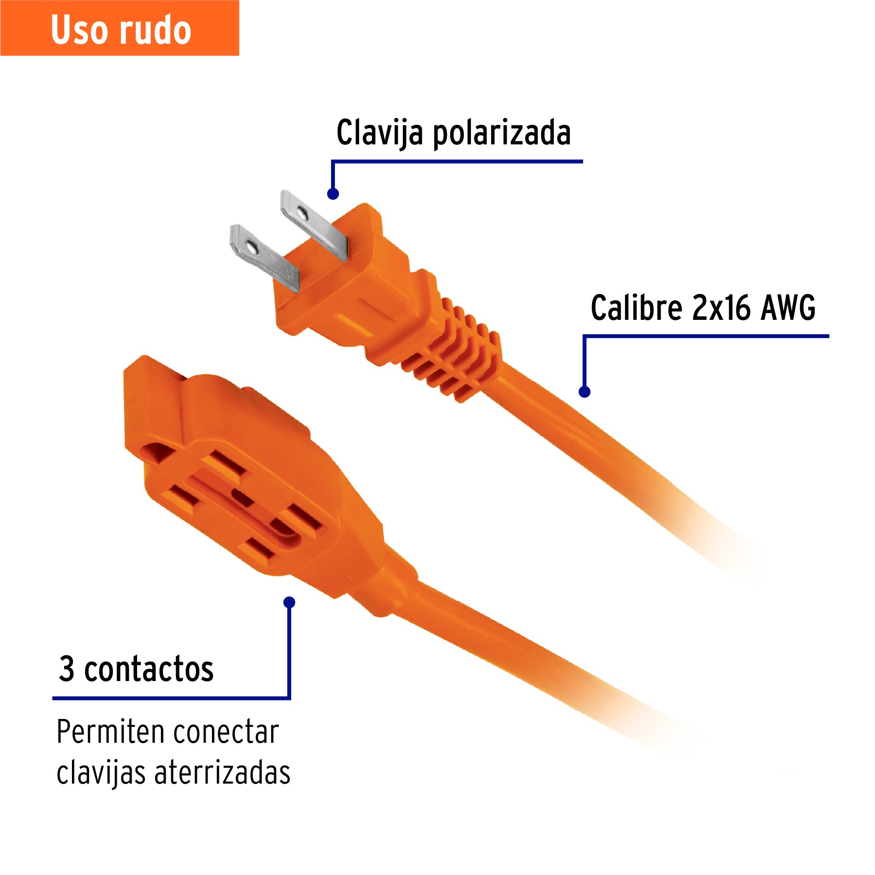 Extensión eléctrica de uso rudo 10 m 2x16 AWG, Volteck | ER-10X16 | 48046