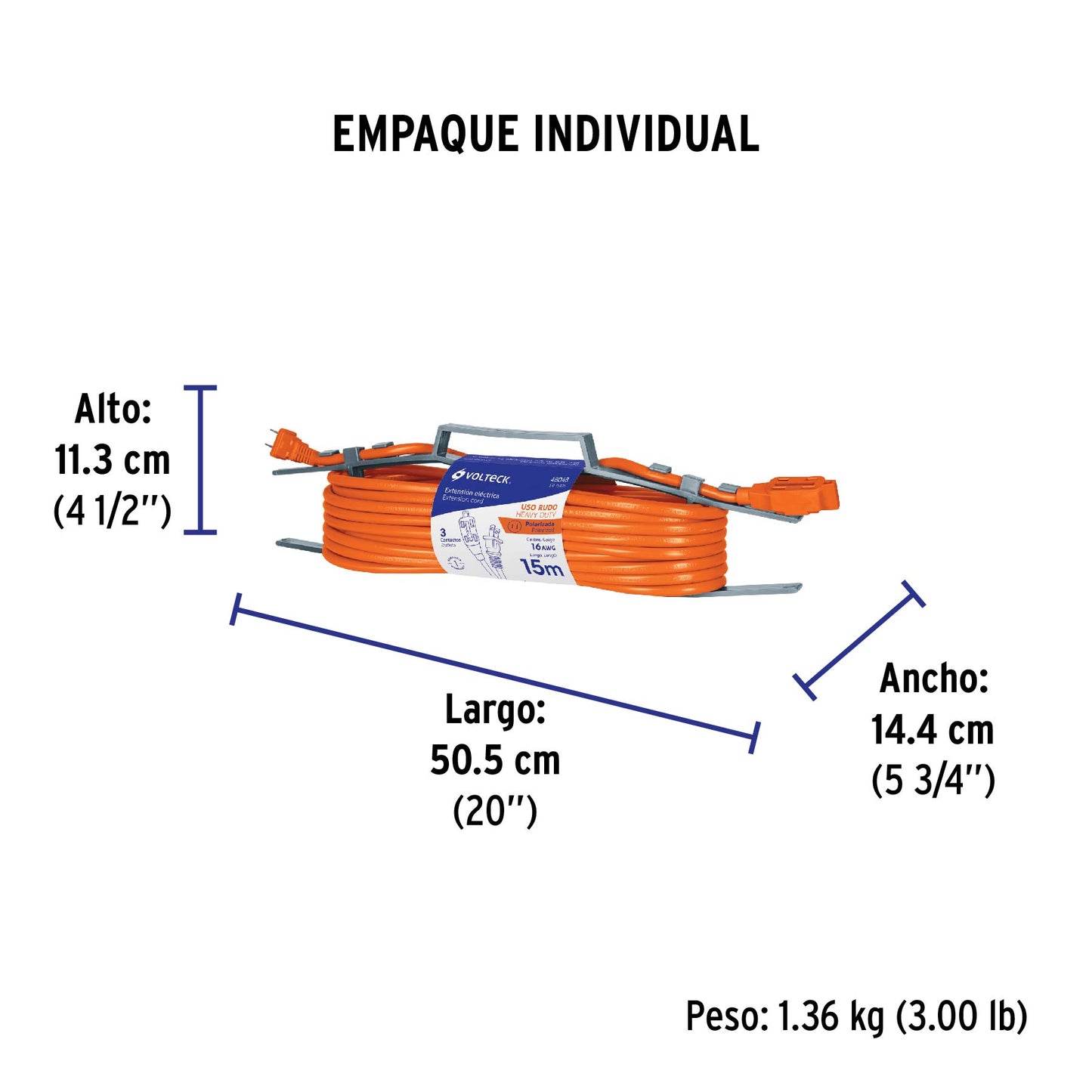 Extensión eléctrica de uso rudo 15 m 2x16 AWG, Volteck | ER-15X16 | 48048