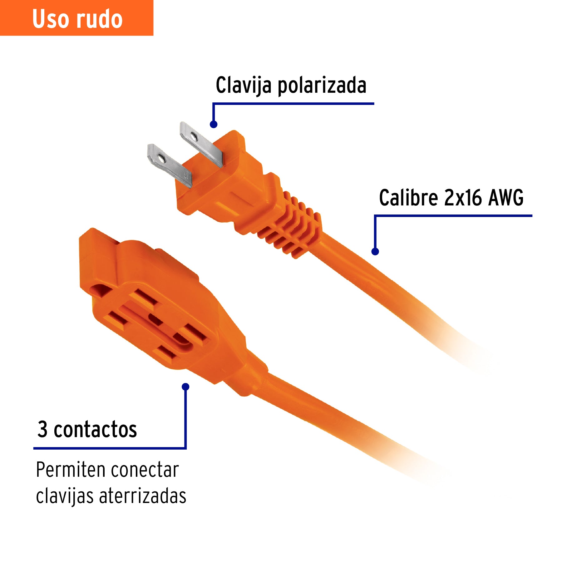 Extensión eléctrica de uso rudo 30 m 2x16 AWG, Volteck | ER-30X16 | 48051