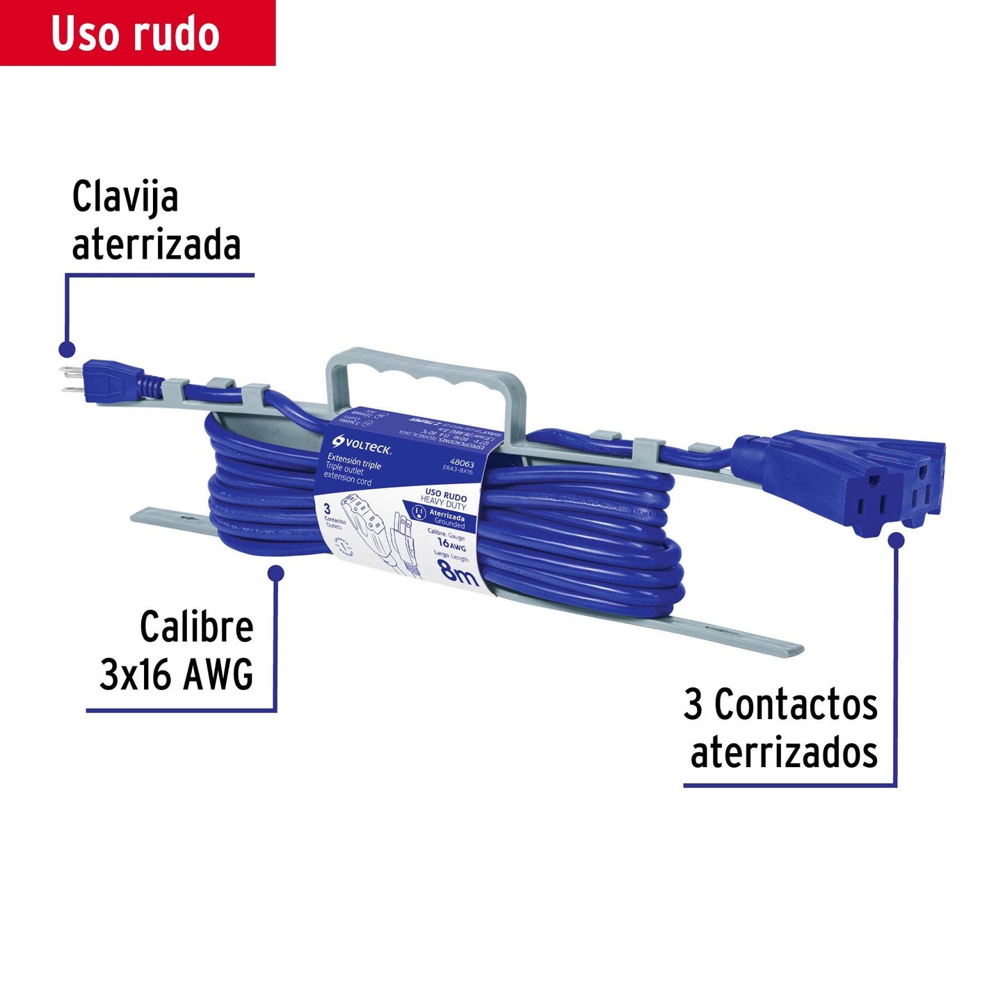 Extensión triple uso rudo 8 m tipo abanico 3x16 AWG, Volteck | ERA3-8X16 | 48063