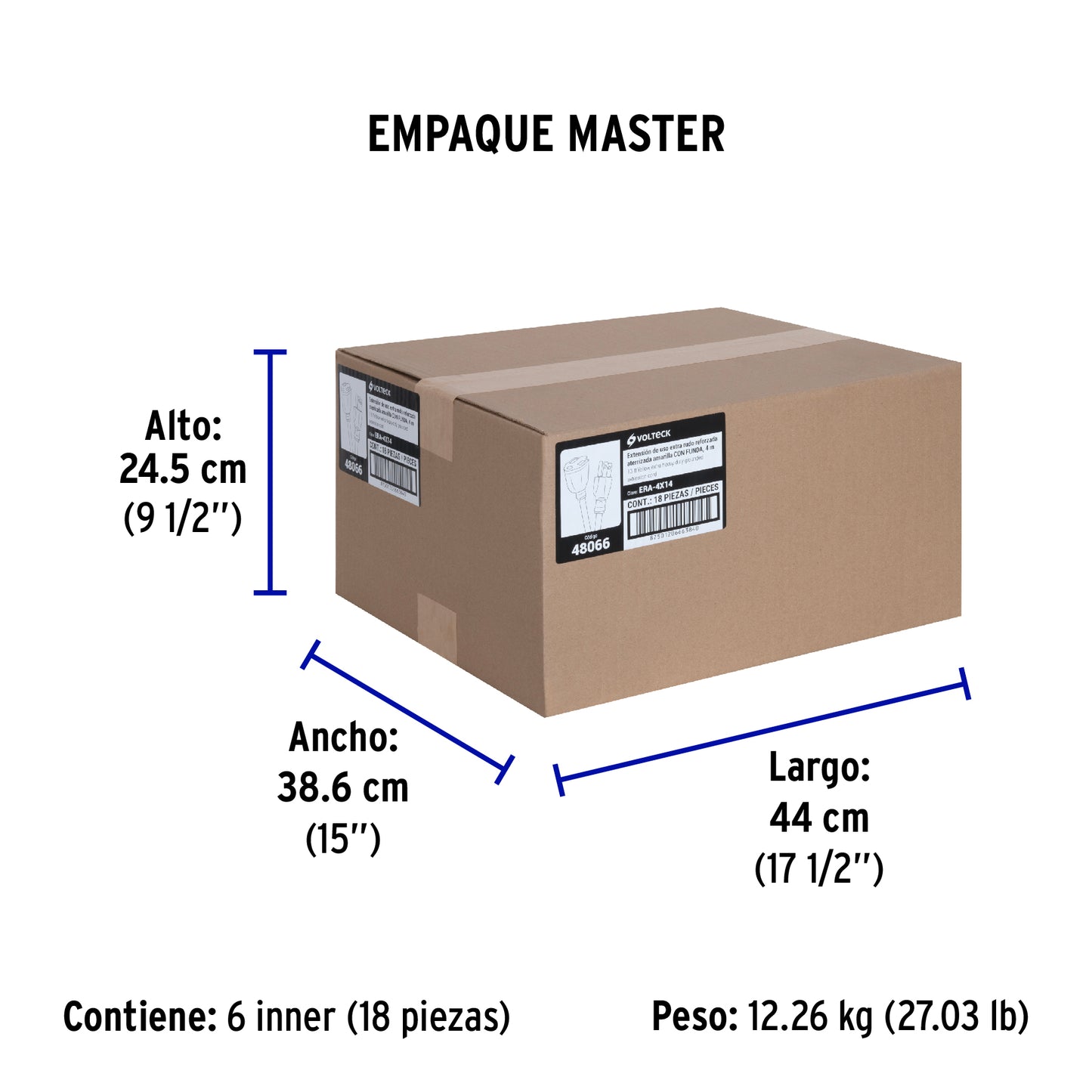 Extensión reforzada aterrizada 4 m 3x14 AWG, Volteck | ERA-4X14 | 48066