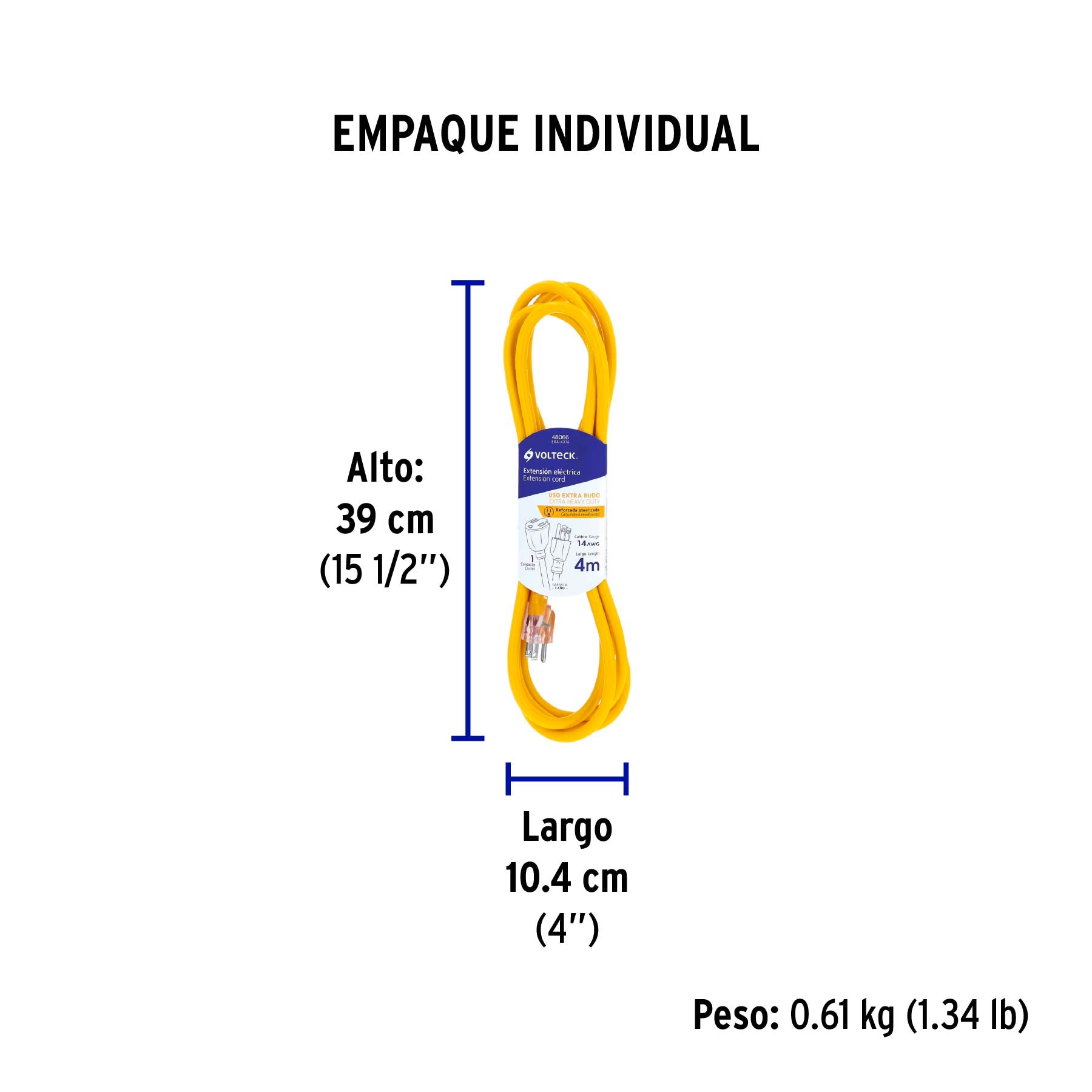 Extensión reforzada aterrizada 4 m 3x14 AWG, Volteck | ERA-4X14 | 48066