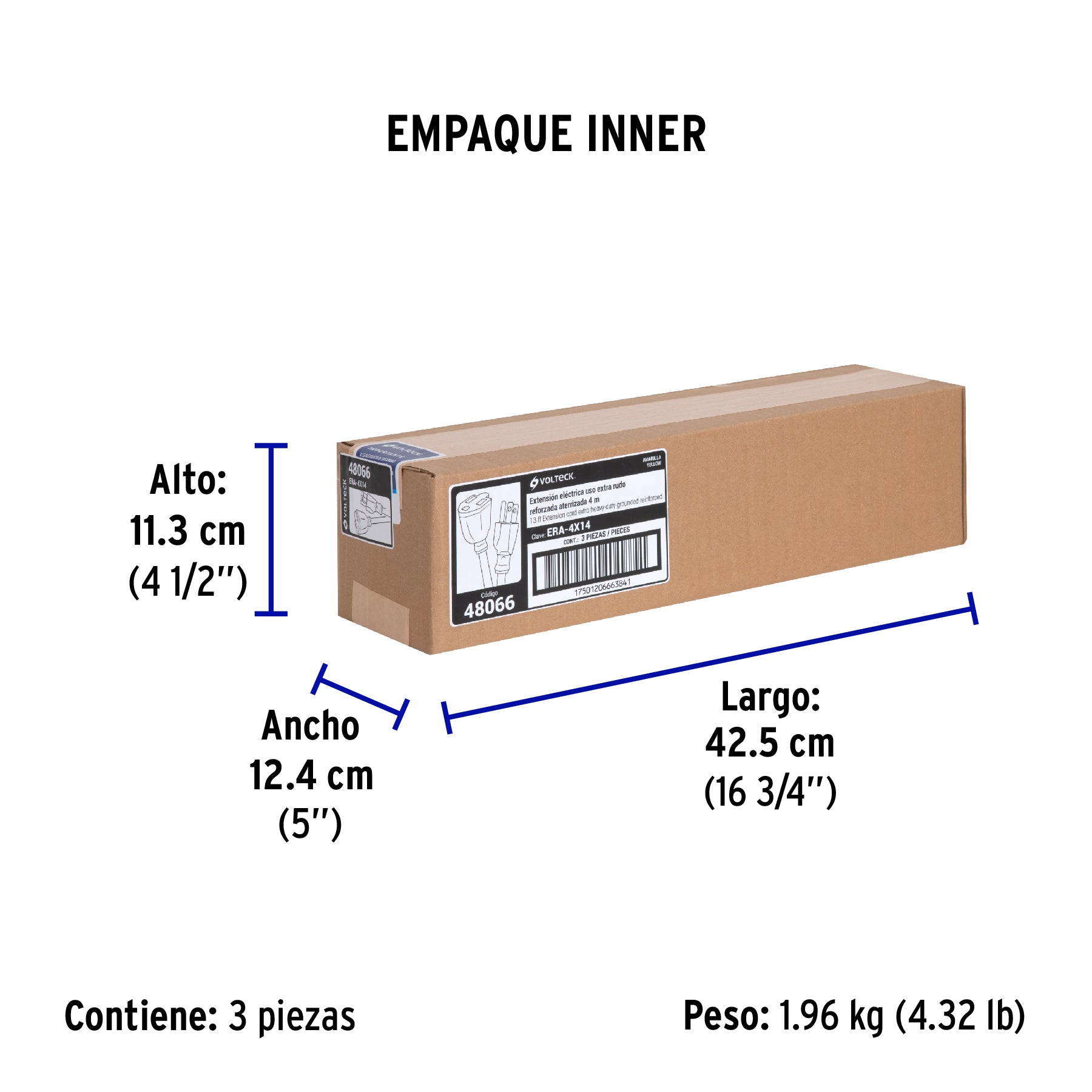 Extensión reforzada aterrizada 4 m 3x14 AWG, Volteck | ERA-4X14 | 48066