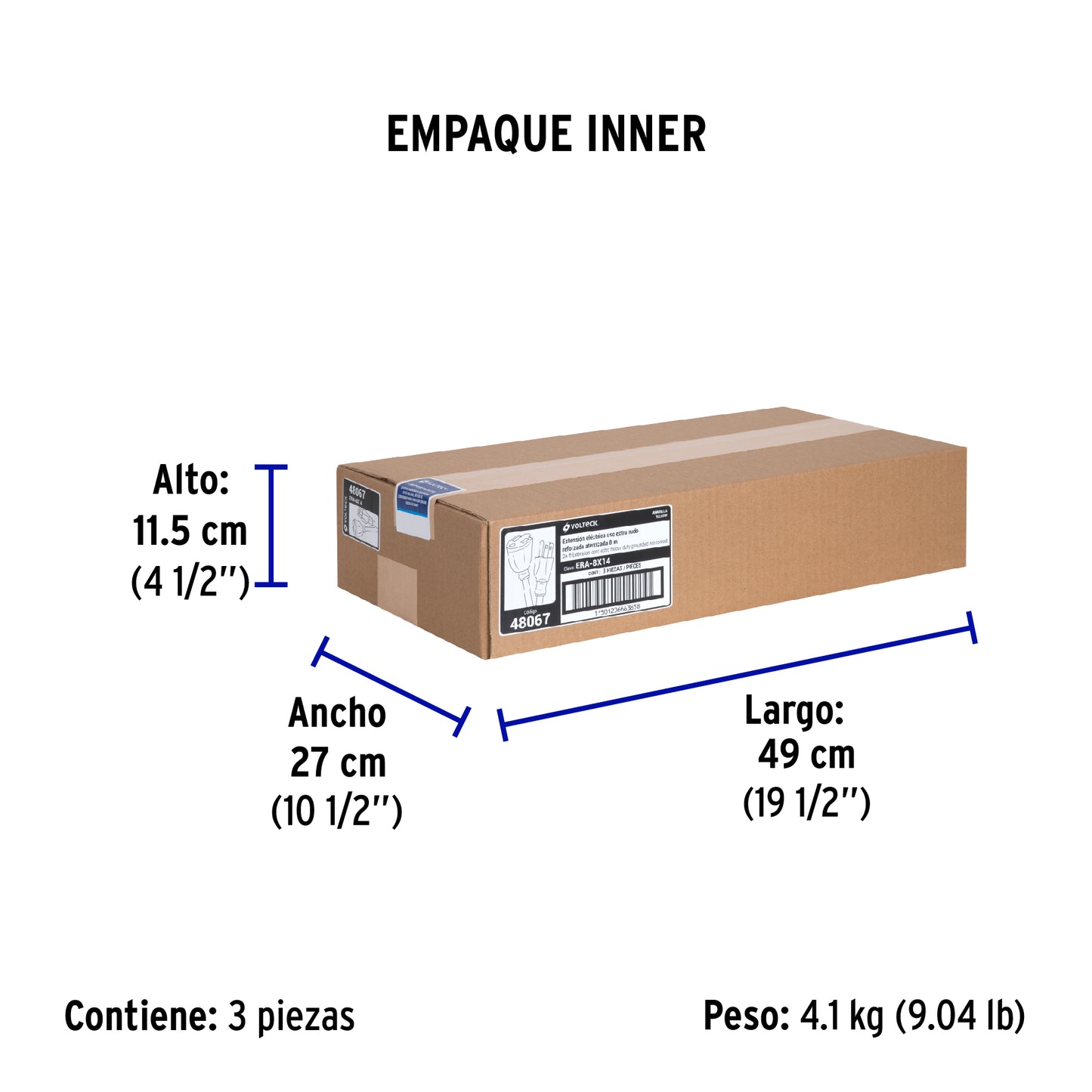 Extensión reforzada aterrizada 8 m 3x14 AWG, Volteck | ERA-8X14 | 48067