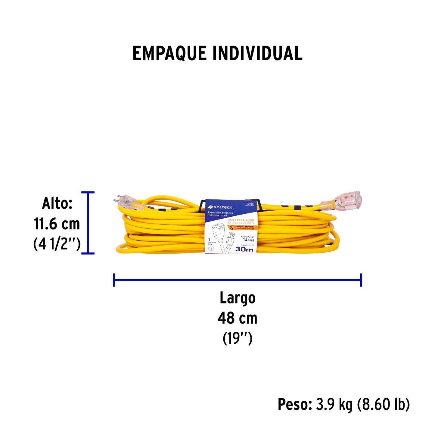 Extensión reforzada aterrizada 30 m 3x14 AWG, Volteck | ERA-30X14 | 48069
