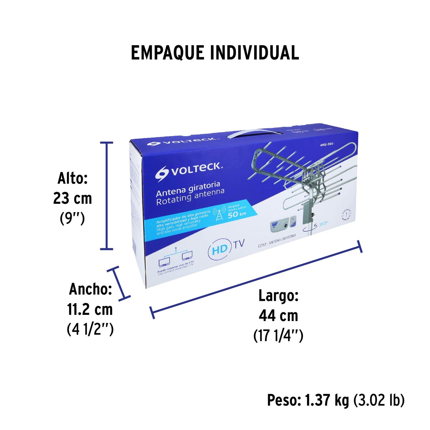 Antena aérea para TV HD, giratoria 360° con control, Volteck | ANGI-360 | 48115