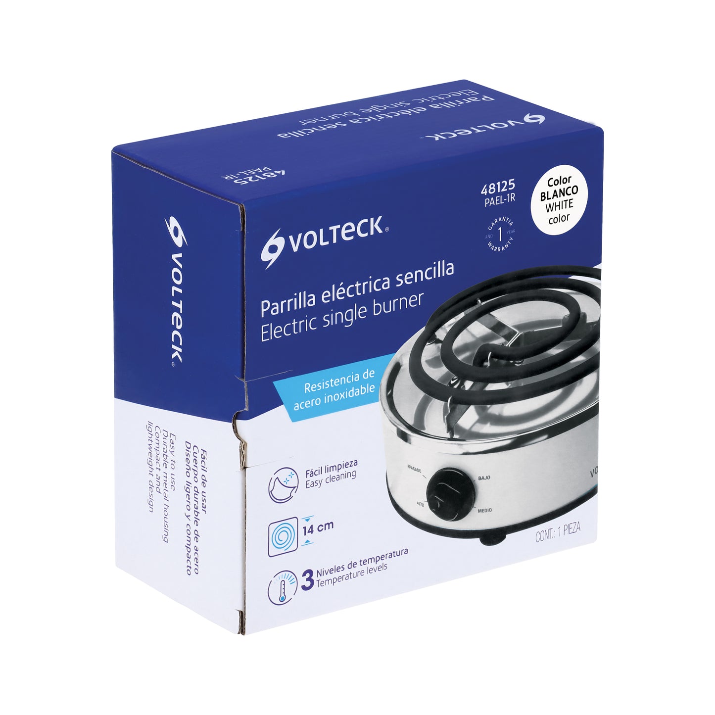 Parrilla eléctrica red. 1 quemador espiral, blanca, VOLTECK | PAEL-1R | 48125