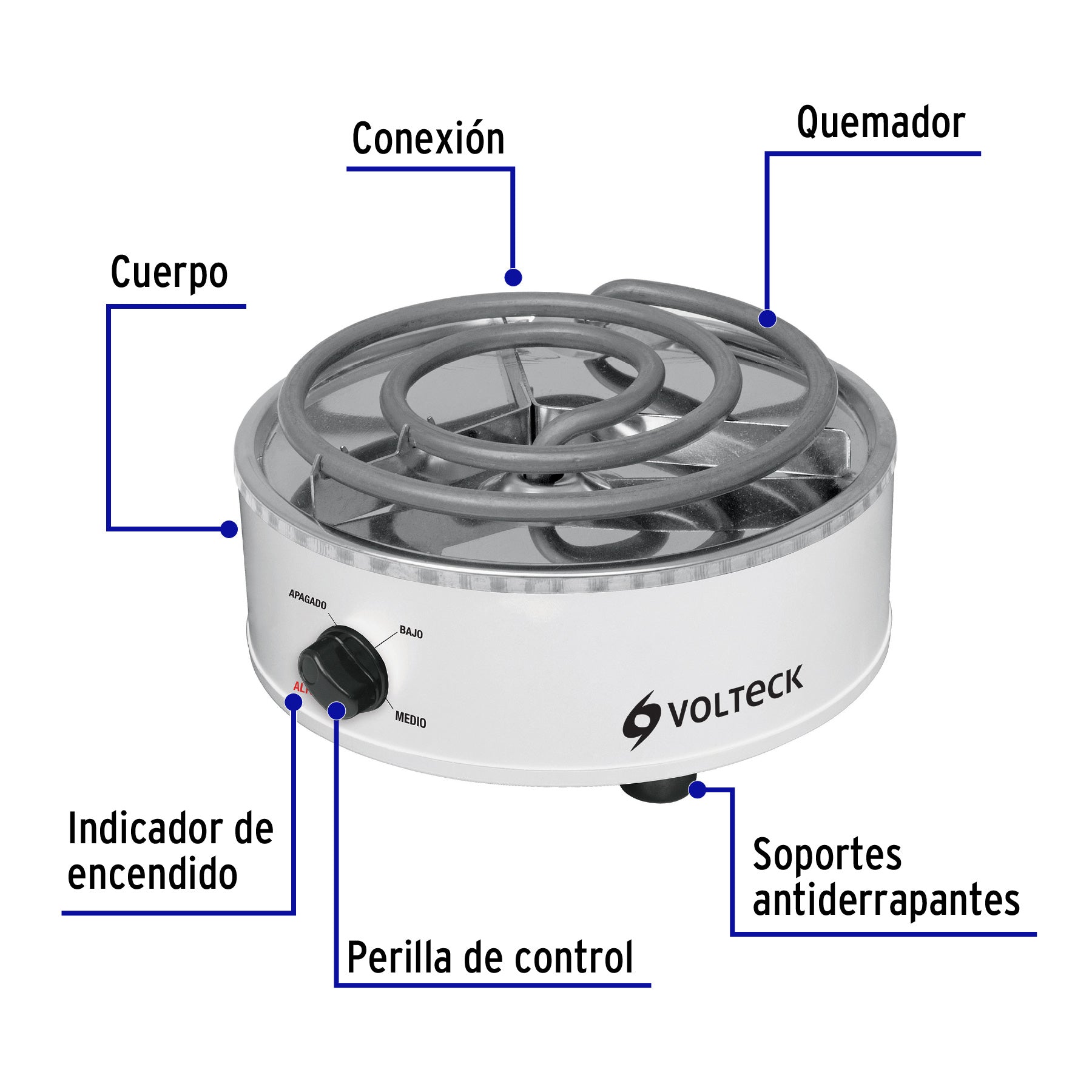 Parrilla eléctrica red. 1 quemador espiral, blanca, VOLTECK | PAEL-1R | 48125