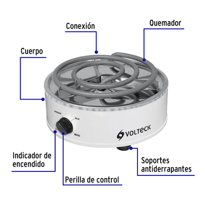 Parrilla eléctrica red. 1 quemador espiral, blanca, VOLTECK | PAEL-1R | 48125