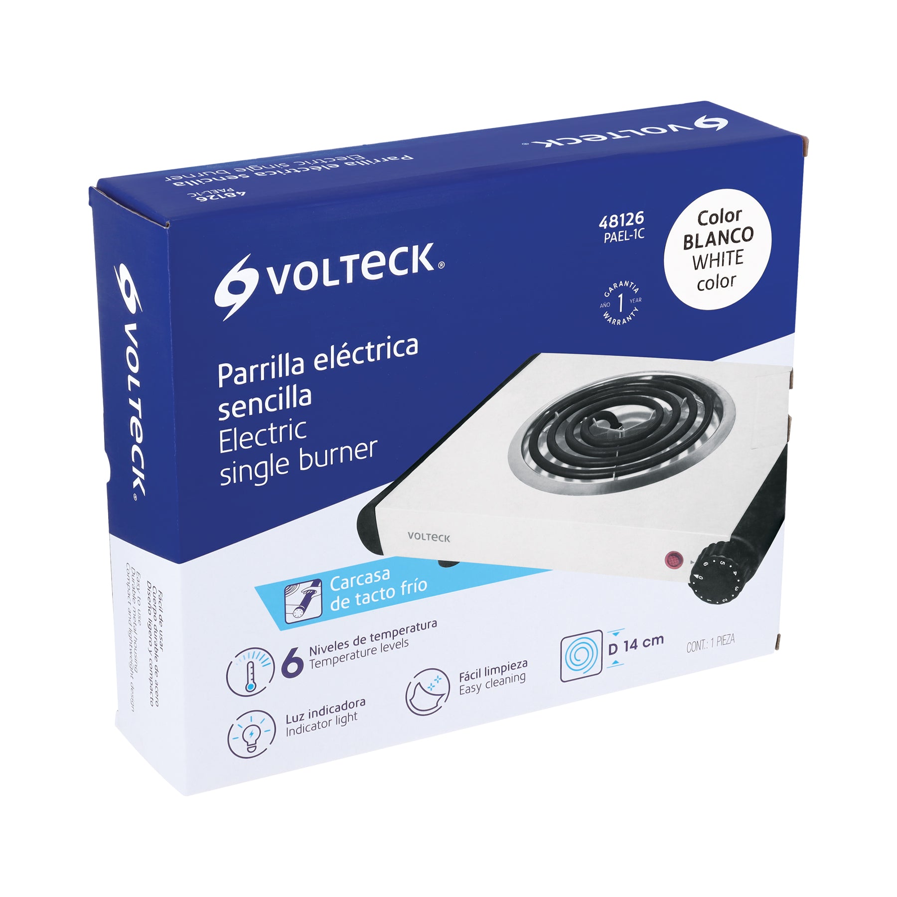 Parrilla eléctrica 1 quemador en espiral, blanca, VOLTECK | PAEL-1C | 48126