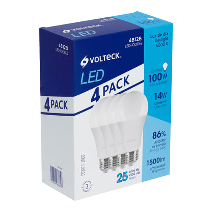 Pack de 4 lámparas LED A19 14 W (equiv. 100 W), luz de día | LED-100FX4 | 48128