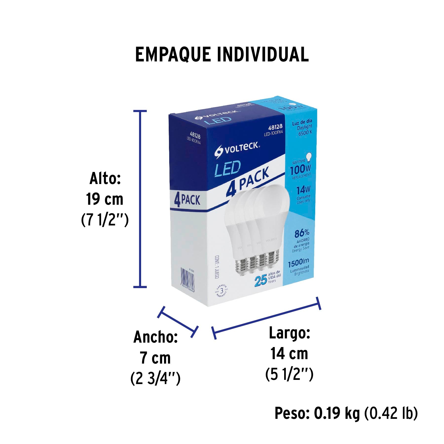 Pack de 4 lámparas LED A19 14 W (equiv. 100 W), luz de día | LED-100FX4 | 48128