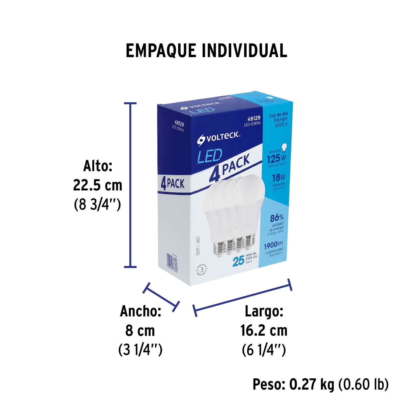 Pack de 4 lámparas LED A19 18 W (equiv. 125 W), luz de día | LED-125FX4 | 48129