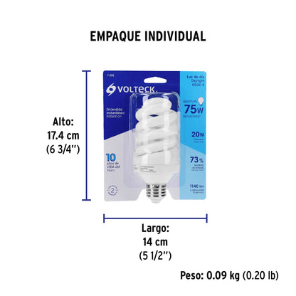 Lámpara espiral T4 20 W luz de día en blíster, Volteck | F-20E | 48213