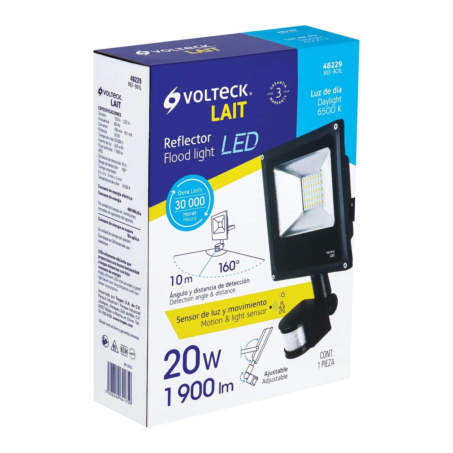 Reflector LED para exteriores 20W 6500K con sensor, VOLTECK | REF-901L | 48229
