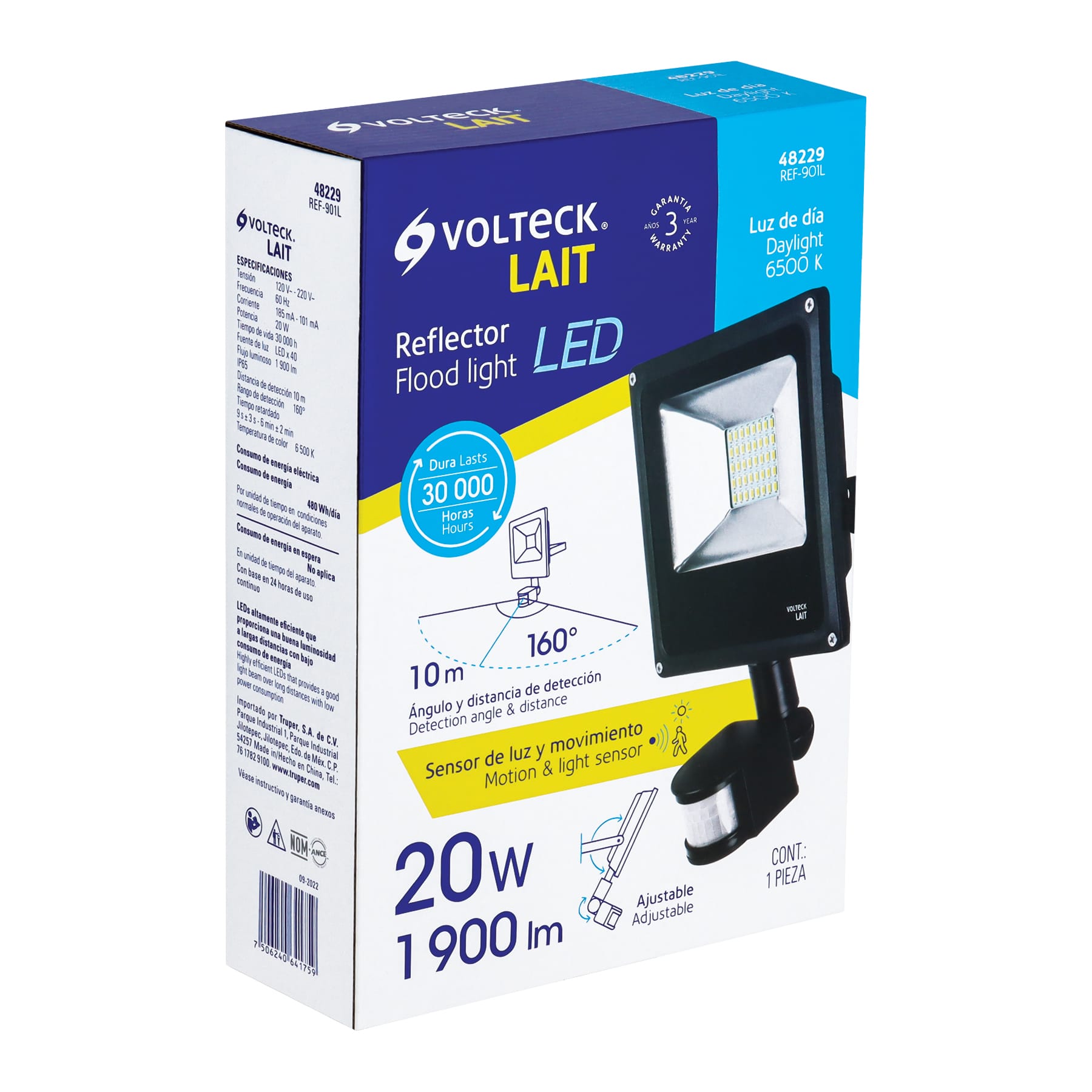 Reflector LED para exteriores 20W 6500K con sensor, VOLTECK | REF-901L | 48229