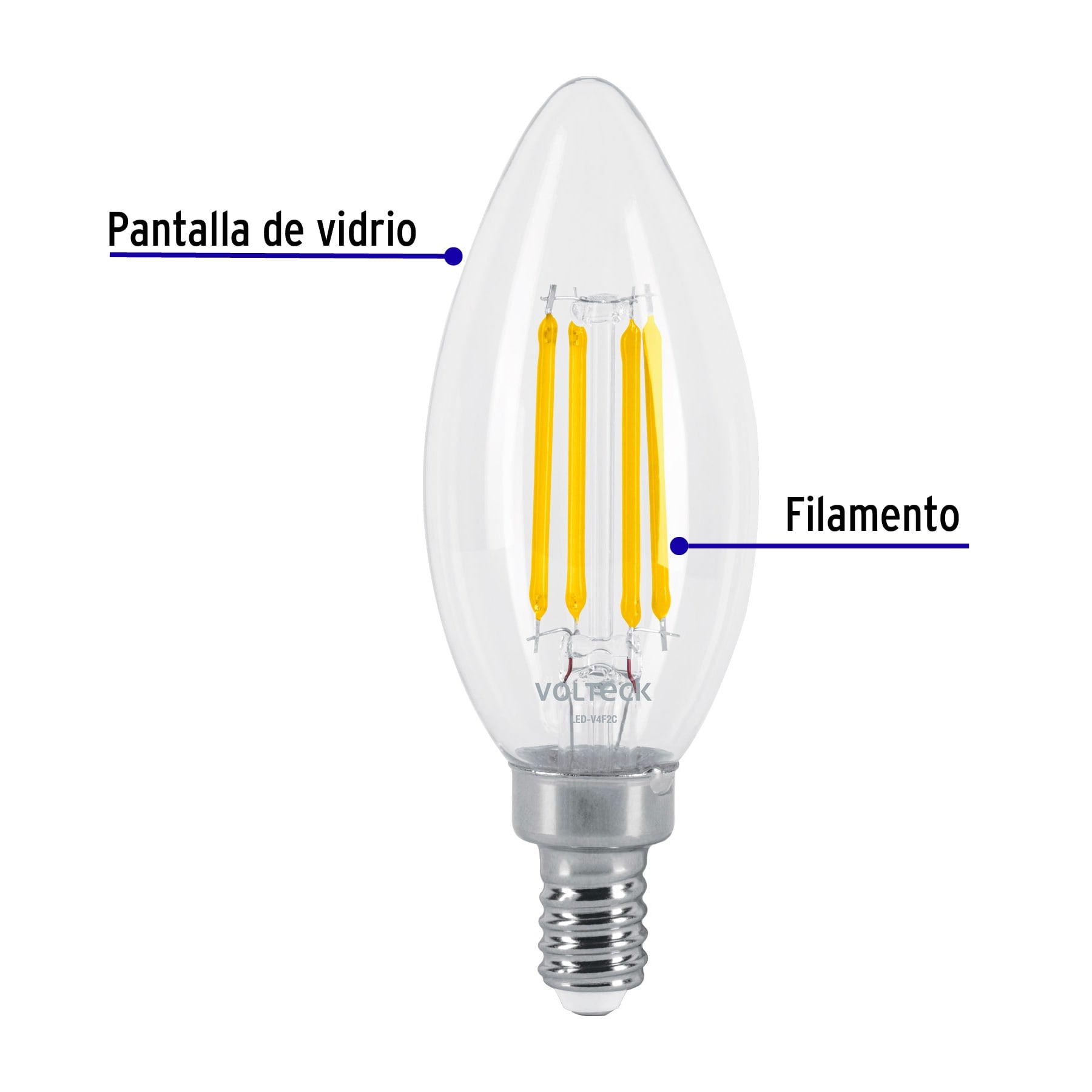 Lámpara LED tipo vela 4 W con filamento base E12 luz cálida | LED-V4F2C | 48253