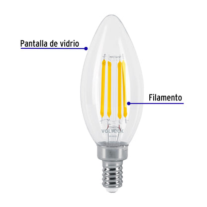 Lámpara LED tipo vela 4 W con filamento base E12 luz cálida | LED-V4F2C | 48253