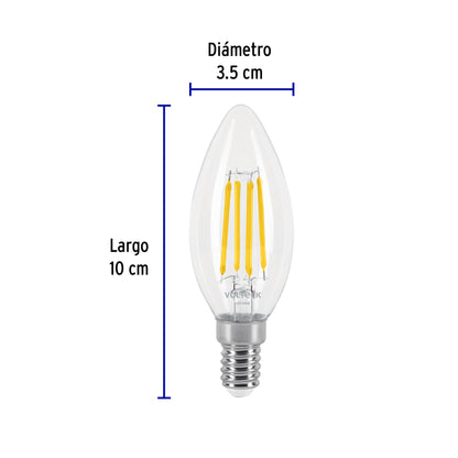 Lámpara LED tipo vela 4 W con filamento base E14 luz cálida | LED-V4F4C | 48254