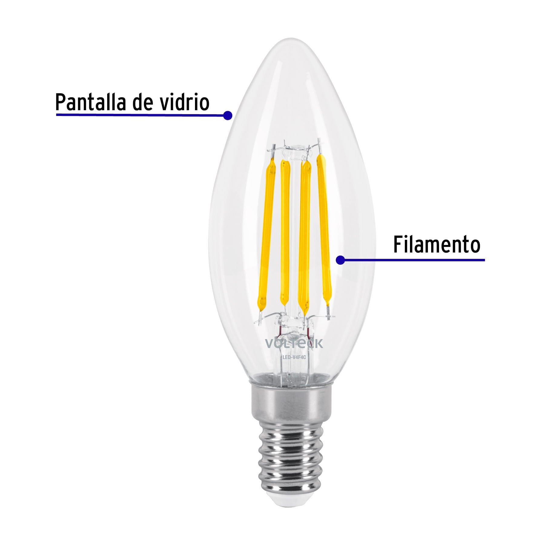 Lámpara LED tipo vela 4 W con filamento base E14 luz cálida | LED-V4F4C | 48254