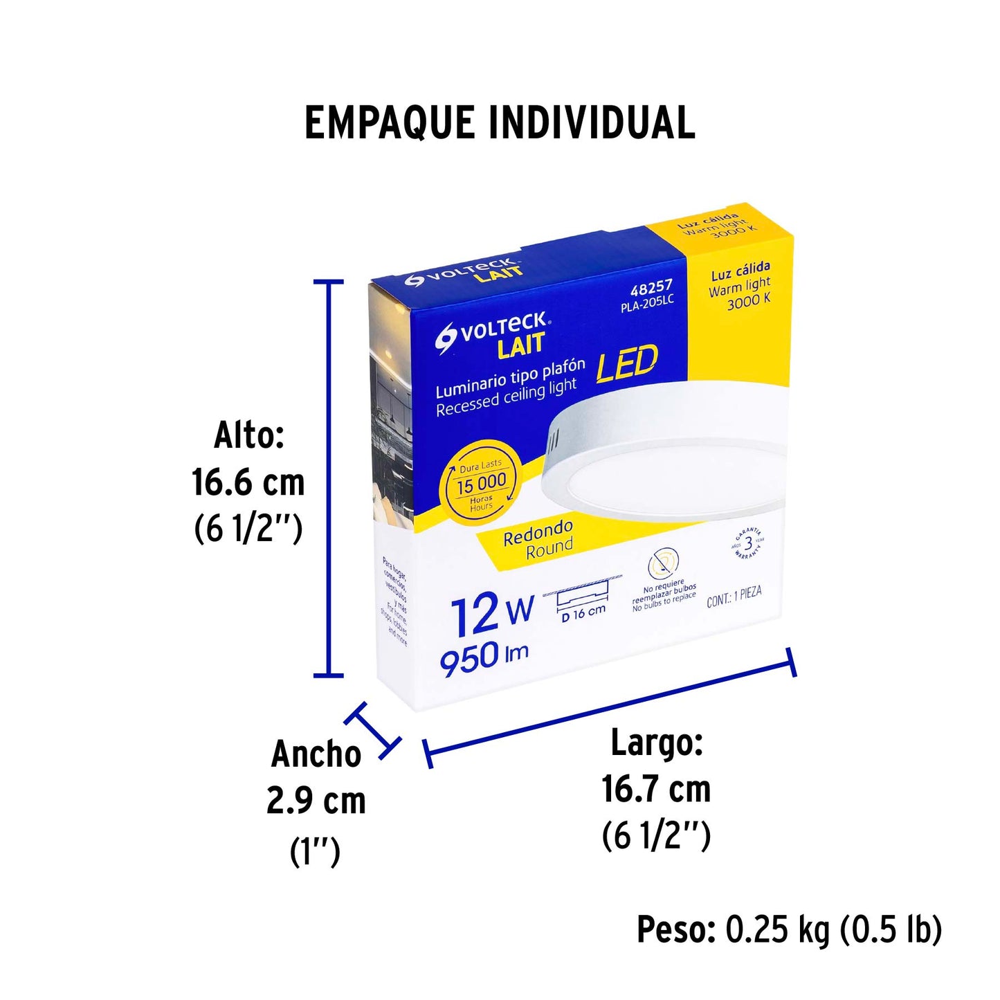 Luminario LED plafón 12W 3000K, redondo, blanco, VOLTECK | PLA-205LC | 48257