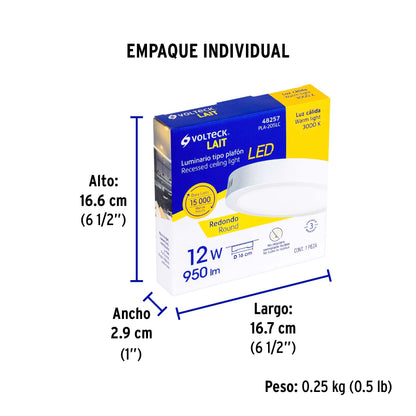 Luminario LED plafón 12W 3000K, redondo, blanco, VOLTECK | PLA-205LC | 48257