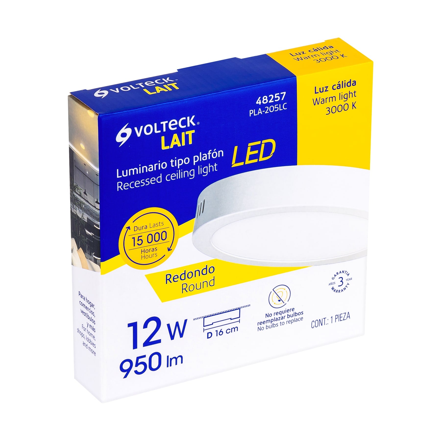 Luminario LED plafón 12W 3000K, redondo, blanco, VOLTECK | PLA-205LC | 48257
