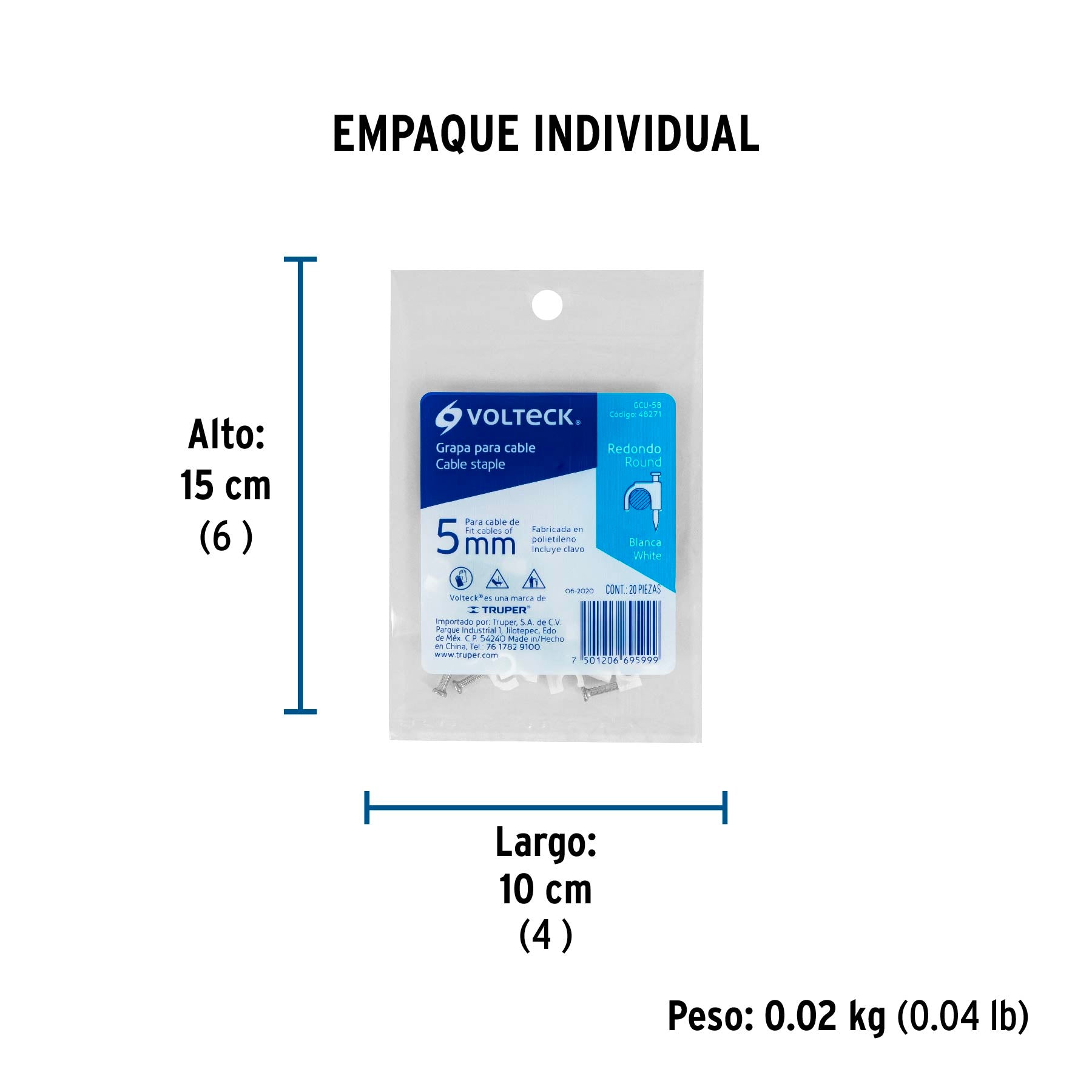 Bolsa con 20 grapas blancas de 5 mm para cable redondo | GCU-5B | 48271