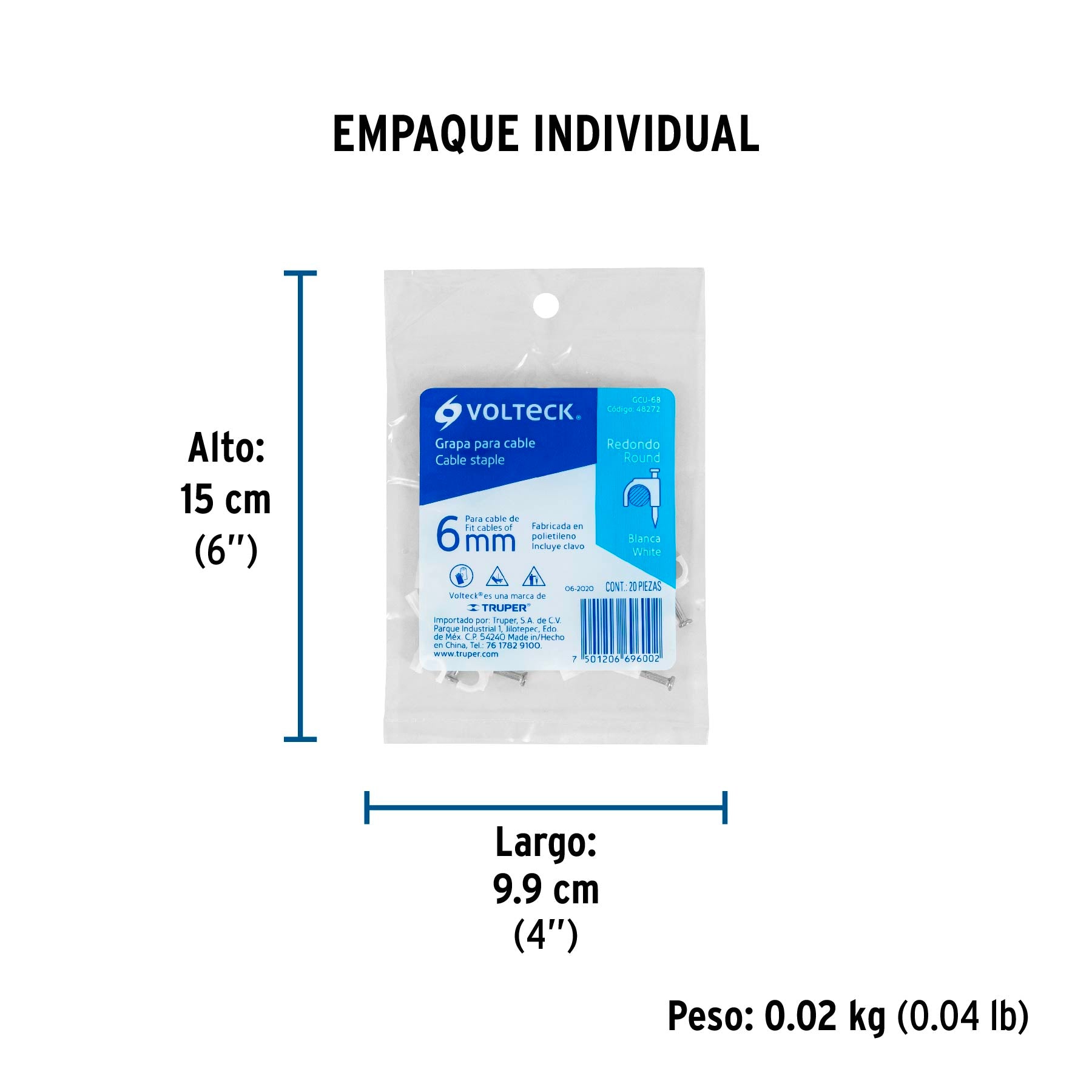 Bolsa con 20 grapas blancas de 6 mm para cable redondo | GCU-6B | 48272