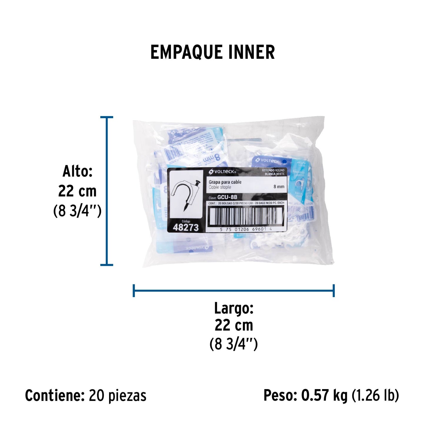 Bolsa con 20 grapas blancas de 8 mm para cable redondo | GCU-8B | 48273