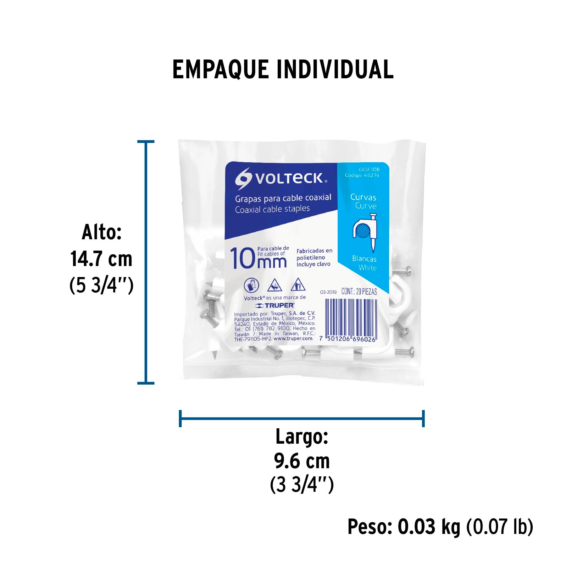 Bolsa con 20 grapas blancas de 10 mm para cable redondo | GCU-10B | 48274