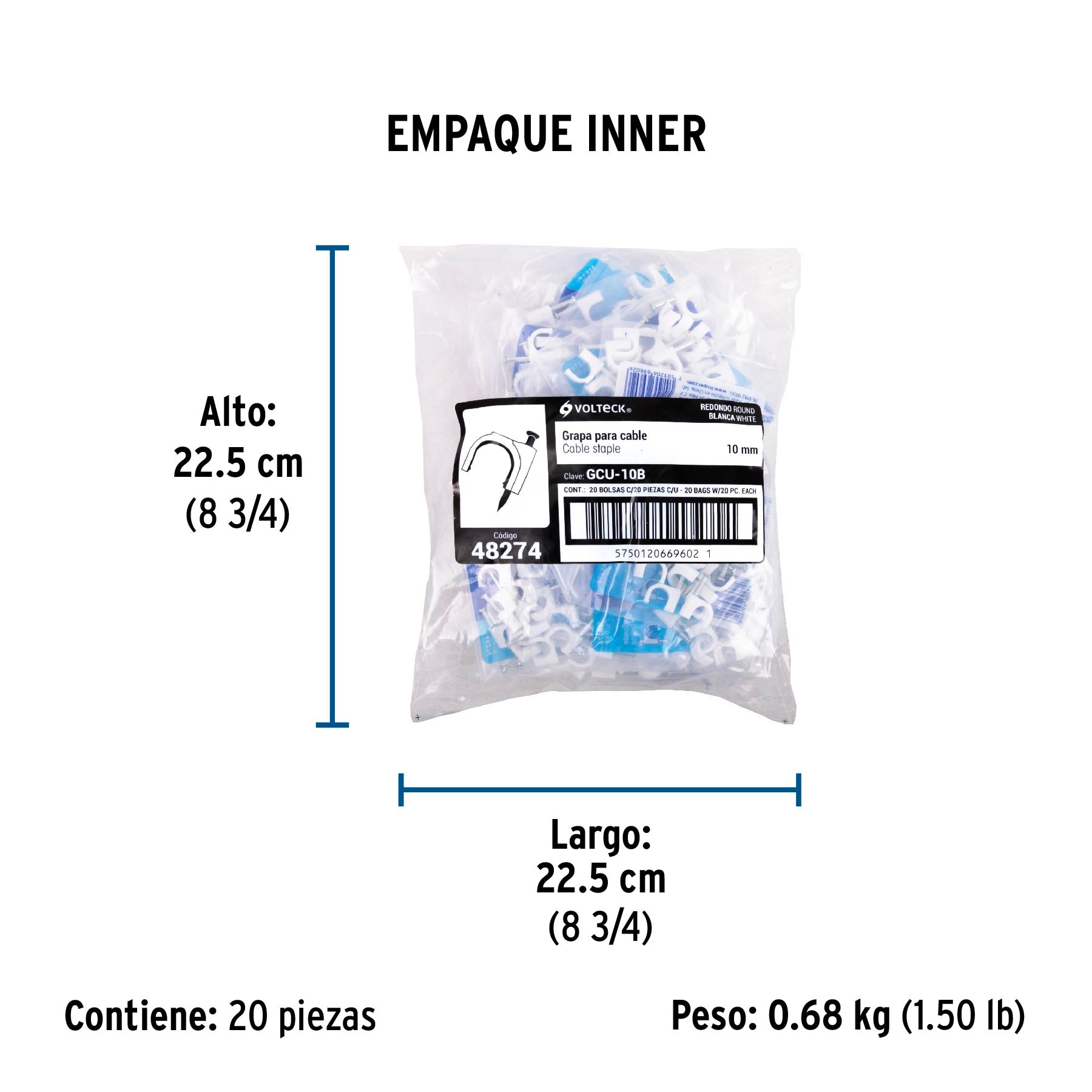 Bolsa con 20 grapas blancas de 10 mm para cable redondo | GCU-10B | 48274
