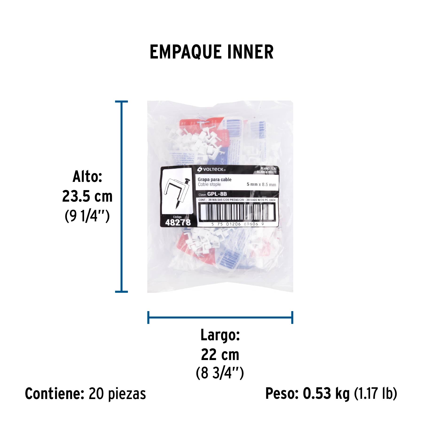 Bolsa con 20 grapas blancas de 5 x 8.5 mm para cable plano | GPL-8B | 48278