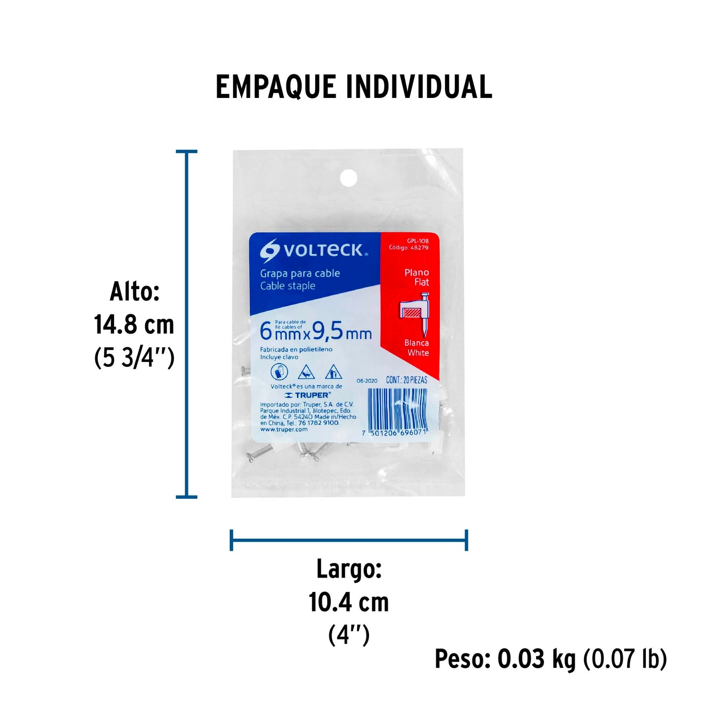 Bolsa con 20 grapas blancas de 6 x 9.5 mm para cable plano | GPL-10B | 48279