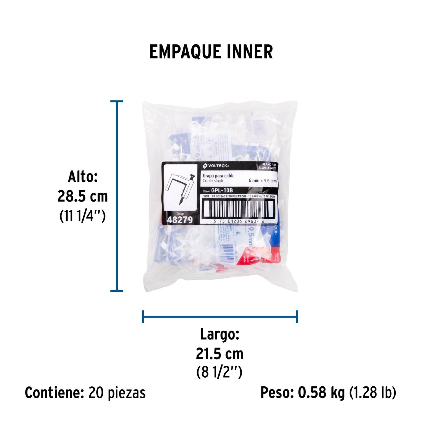 Bolsa con 20 grapas blancas de 6 x 9.5 mm para cable plano | GPL-10B | 48279