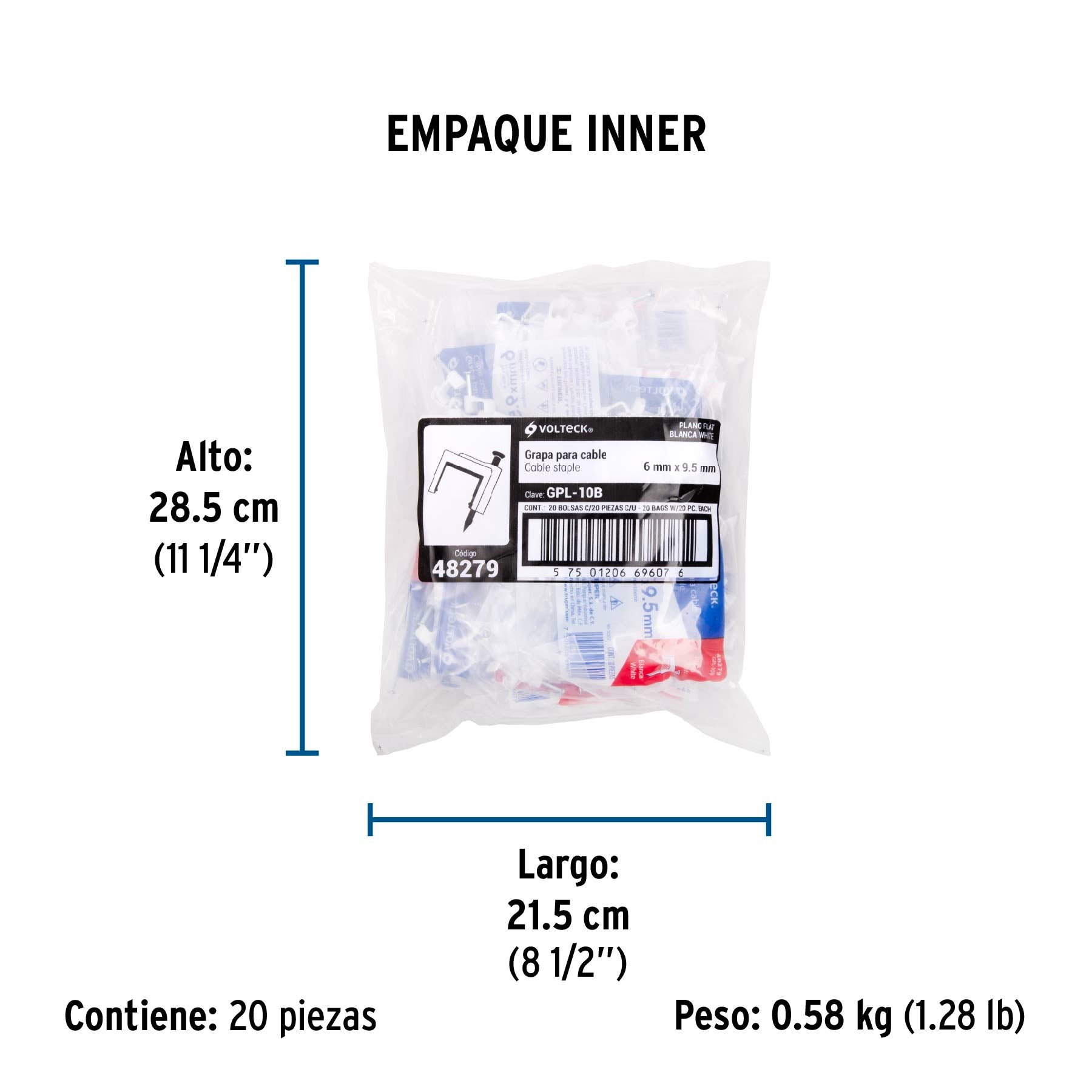 Bolsa con 20 grapas blancas de 6 x 9.5 mm para cable plano | GPL-10B | 48279