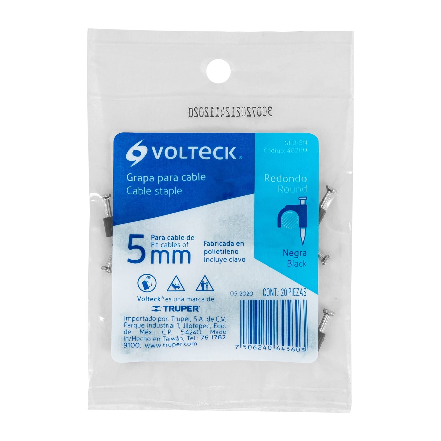 Bolsa con 20 grapas negras de 5 mm para cable redondo | GCU-5N | 48280
