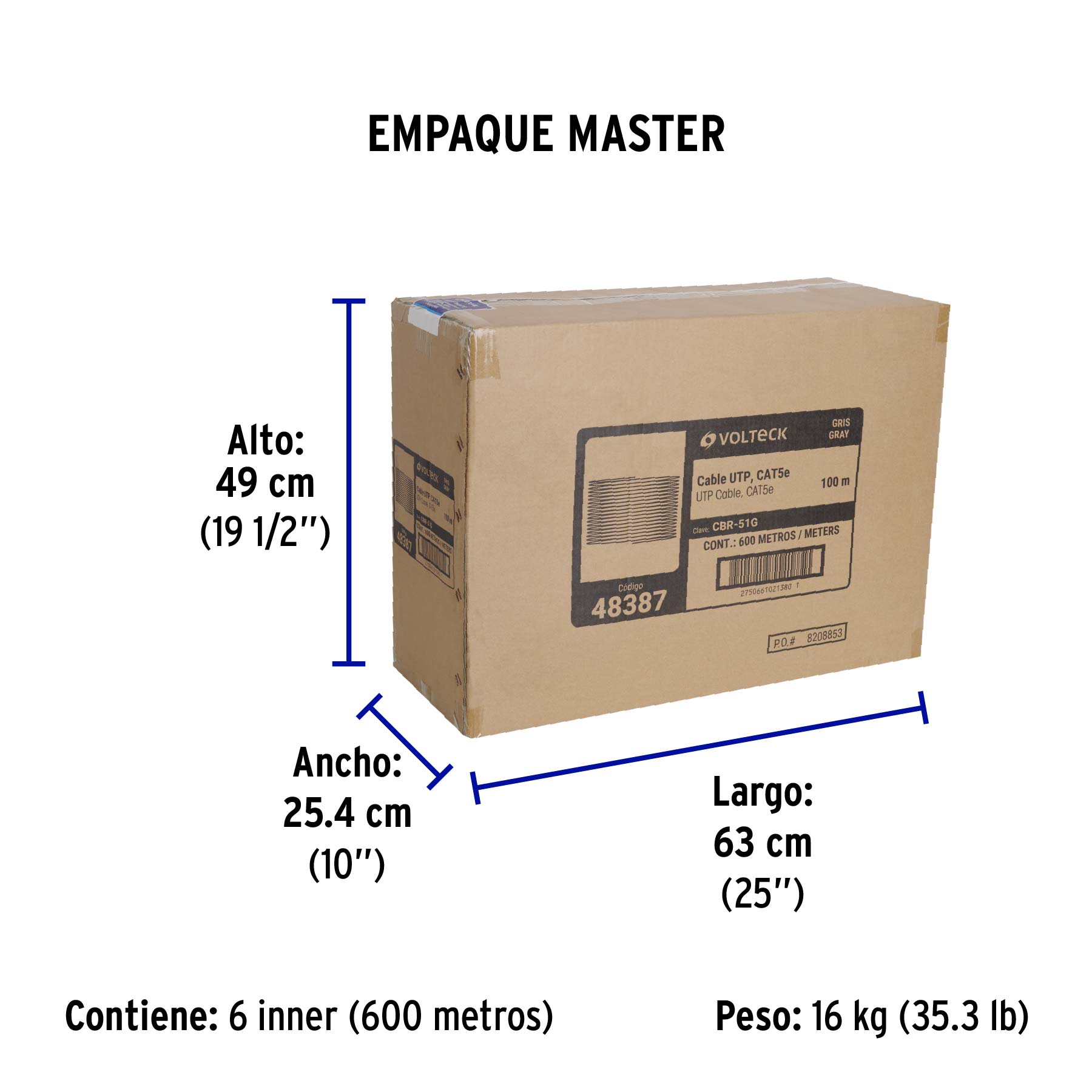 Metro de cable UTP CAT5E, Bobina de 100m, gris, VOLTECK | CBR-51G | 48387