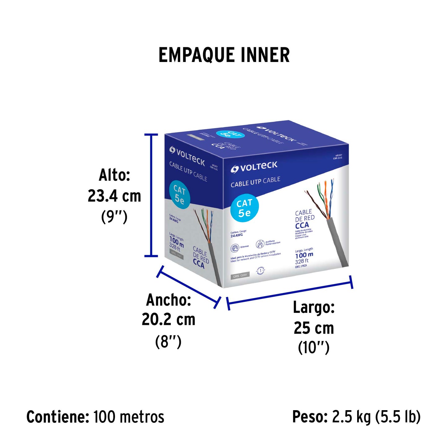 Metro de cable UTP CAT5E, Bobina de 100m, gris, VOLTECK | CBR-51G | 48387