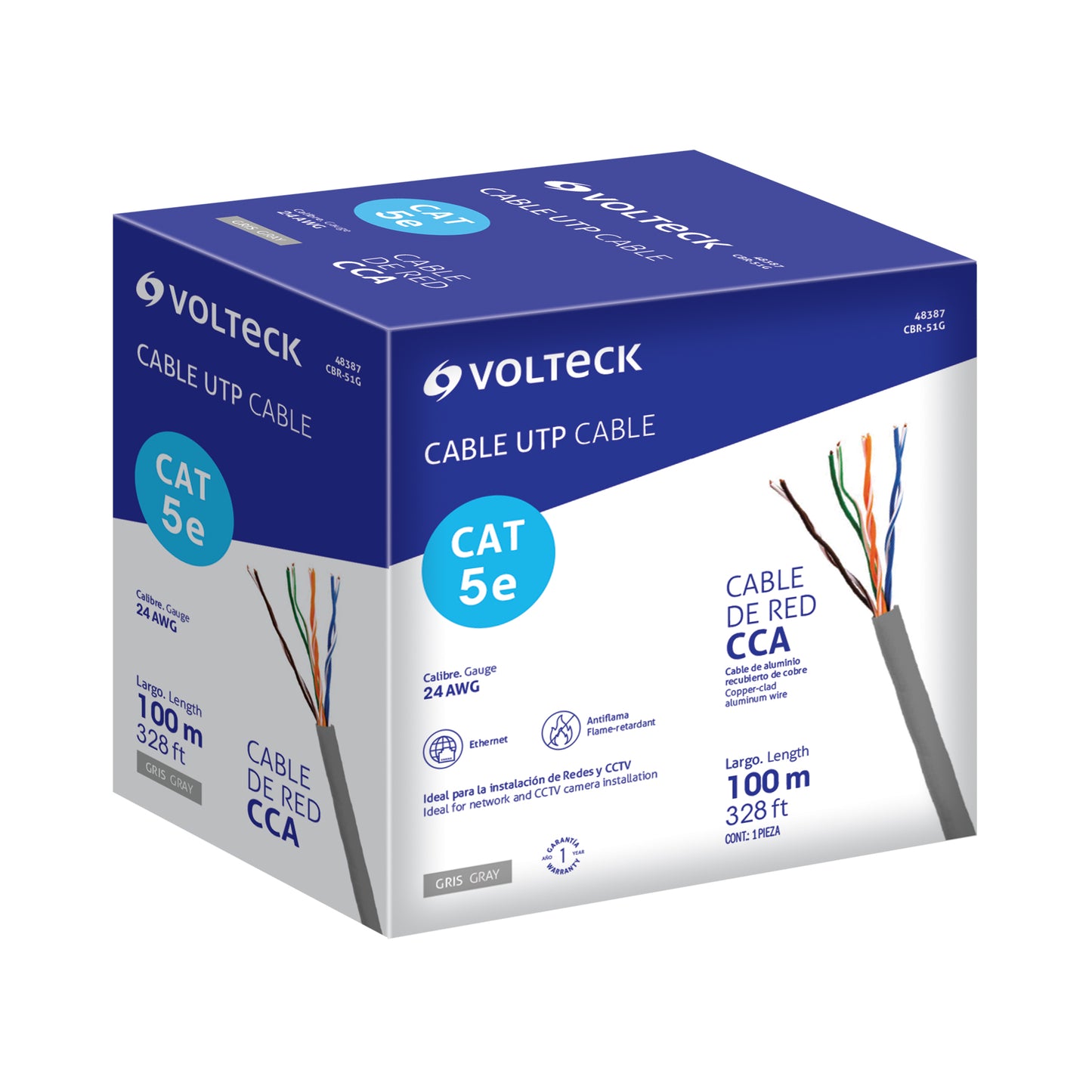 Metro de cable UTP CAT5E, Bobina de 100m, gris, VOLTECK | CBR-51G | 48387