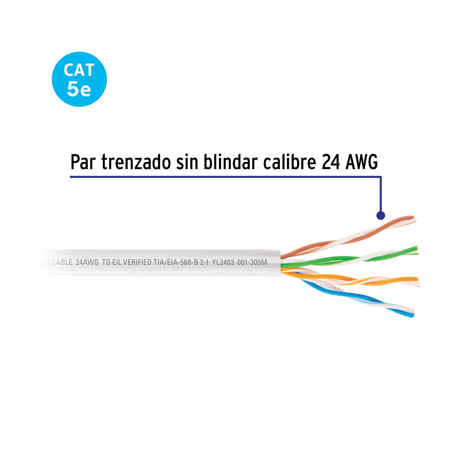 Metro de cable UTP CAT5E, Bobina de 100m, blanco, VOLTECK | CBR-51B | 48389